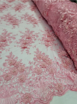 Pink 3D Beaded Lace Floral Embroidered Mesh