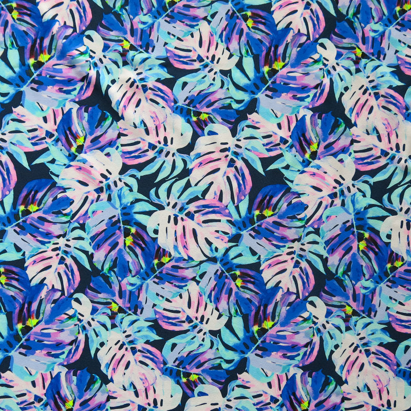 Swim Knit Painted Monstera Leaves on Navy