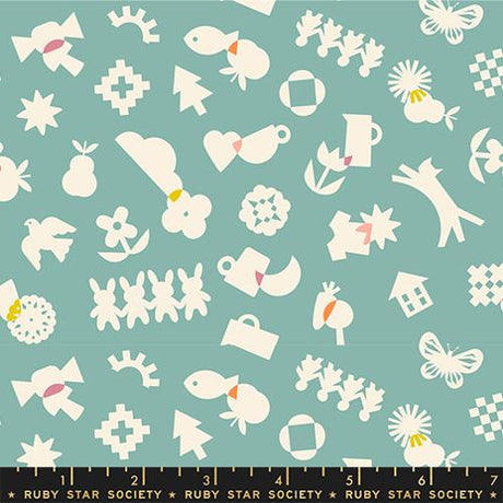 Cotton Novelty Fabric Paper Cuts 2 Water Turquoise Icons Ephemera 43/44" Wide