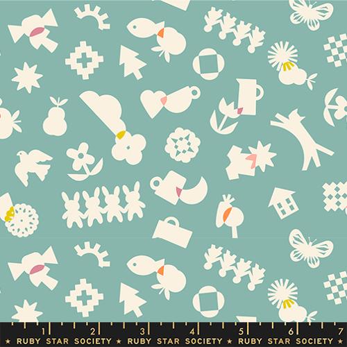 Cotton Novelty Fabric Paper Cuts 2 Water Turquoise Icons Ephemera 43/44" Wide