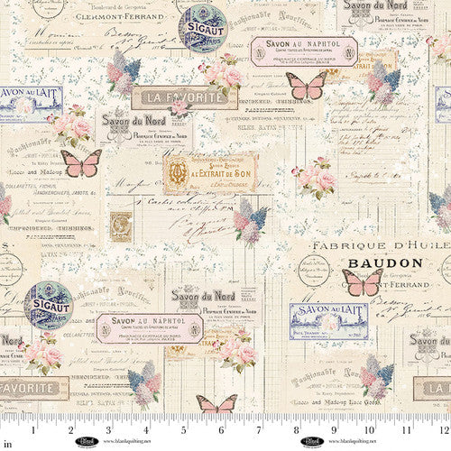Cotton Fabric Parisian Snippets Digital Ecru Labels and Butterflies 44/45"