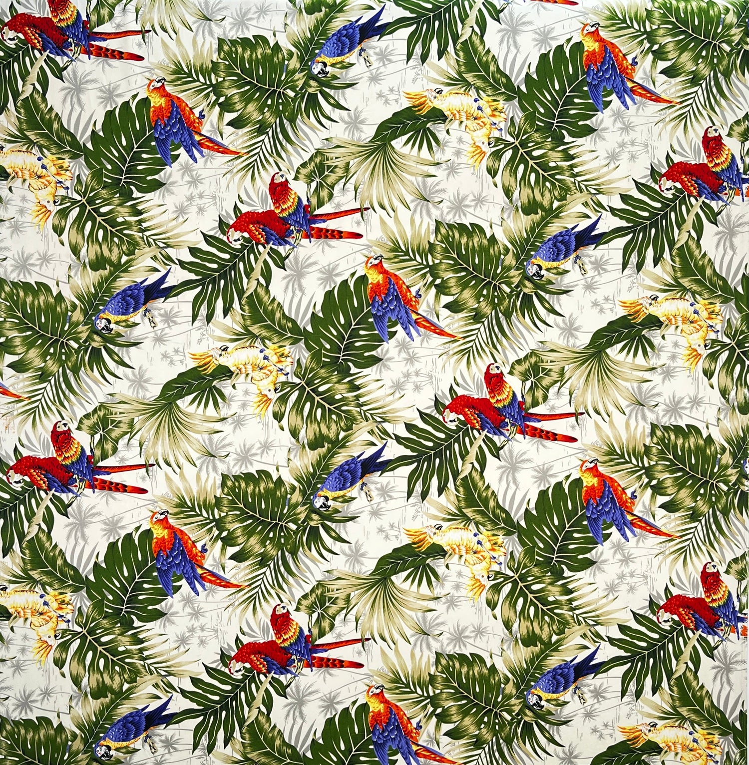 Polyester Peachskin Fabric Parrots Split Monstera Palm Leaves