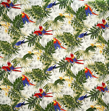 Polyester Peachskin Fabric Parrots Split Monstera Palm Leaves