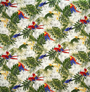 Parrots Split Monstera Palm Leaves Peachskin Fabric - Tropical Parrots, Split Monstera Palm Leaves, 45" Width (1 Yard)