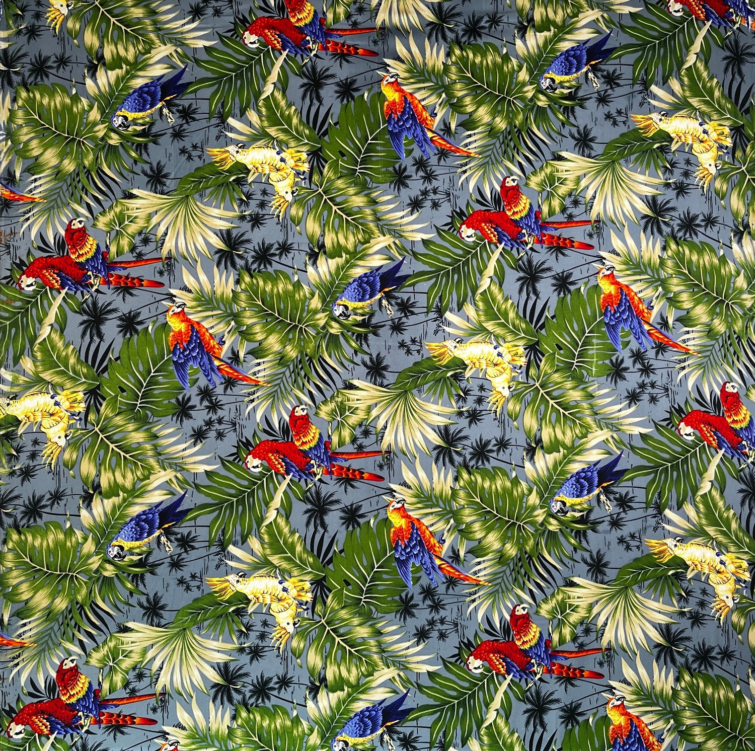 Polyester Peachskin Fabric Parrots Split Monstera Palm Leaves