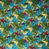 Parrots Split Monstera Palm Leaves Peachskin Fabric - Tropical Parrots, Monstera Palm Leaves, 45" Width (1 Yard)