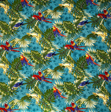Parrots Split Monstera Palm Leaves Peachskin Fabric - Tropical Parrots, Monstera Palm Leaves, 45" Width (1 Yard)