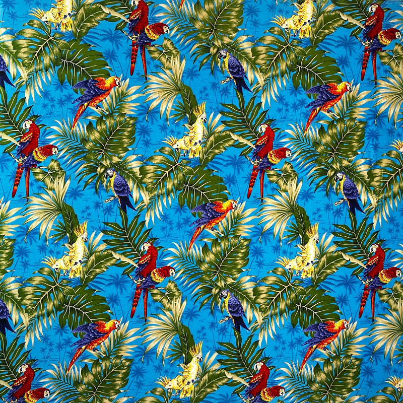 Polyester Peachskin Fabric Parrots Split Monstera Palm Leaves