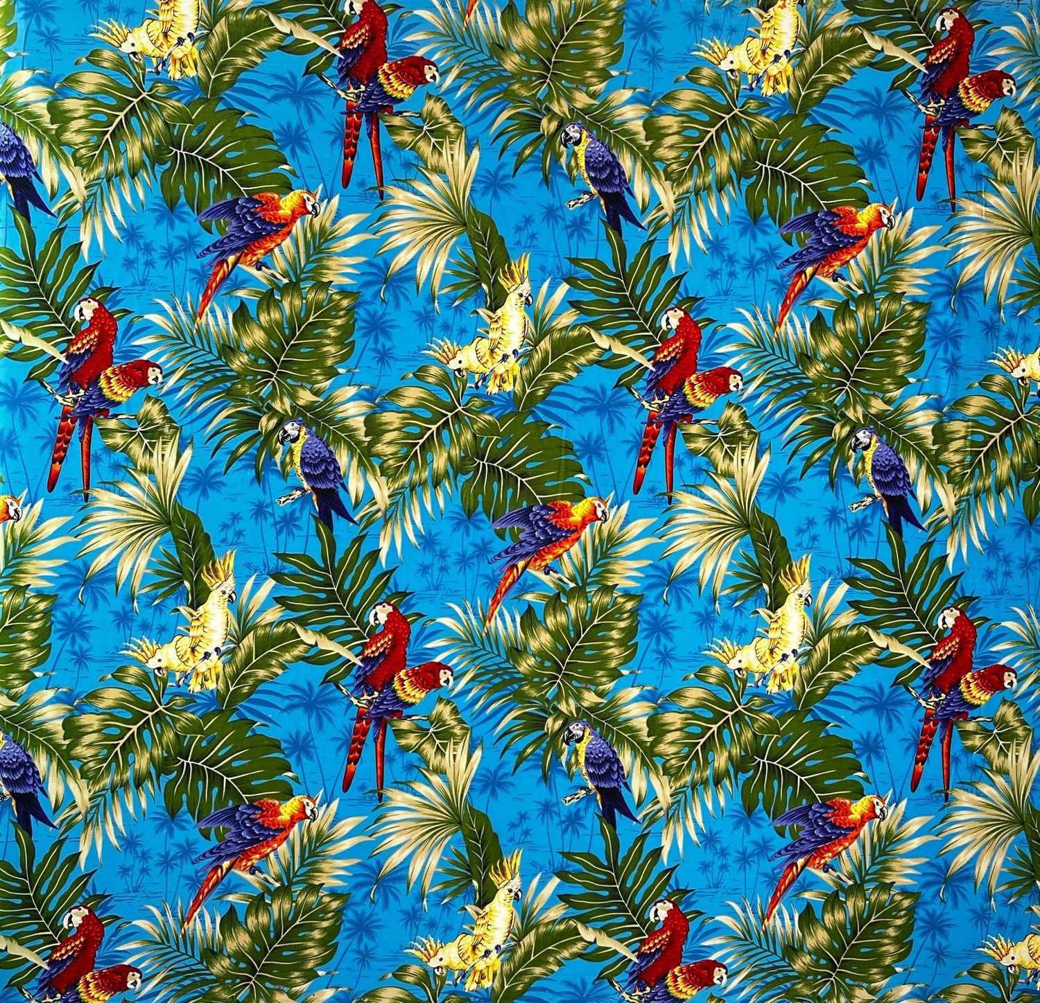 Polyester Peachskin Fabric Parrots Split Monstera Palm Leaves