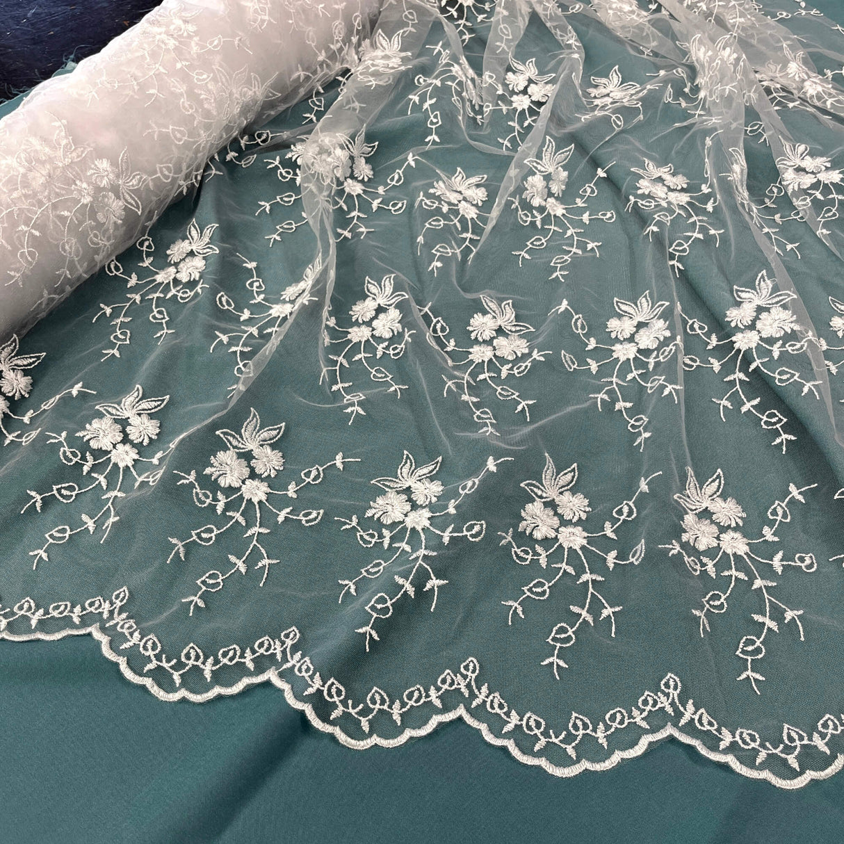 Floral Embroidered Lace Fabric White