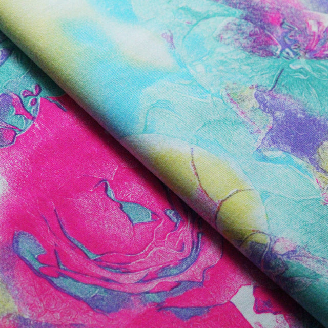 Cool Breeze Nylon Spandex Fabric - Pink/Blue Watercolor Roses, 58/60" Width (1 Yard)