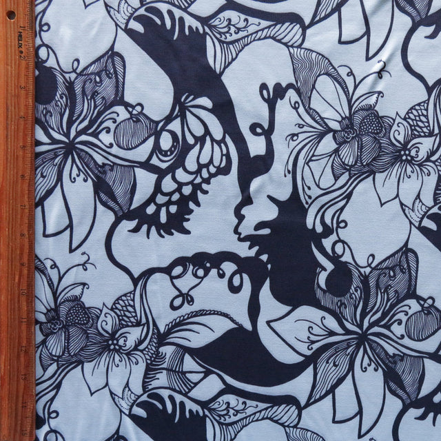 Poly Lycra Athletic Knit Fabric Navy/Baby Blue Floral