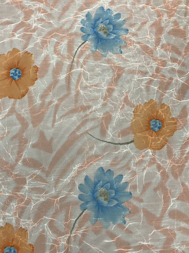 Floral Crush Chiffon Peach Polyester Fabric - Sheer Floral Print, Peach, 53/54" Width (1 Yard)