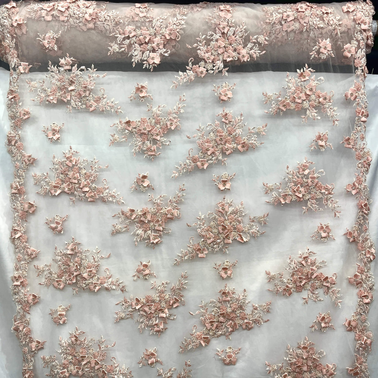 3D Beaded Floral Lace Mesh Fabric