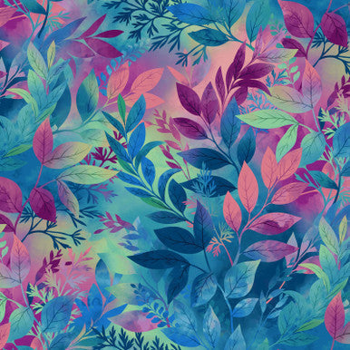 Cotton Print Peacock Multi Ombre Leaves Fabric 43/44"