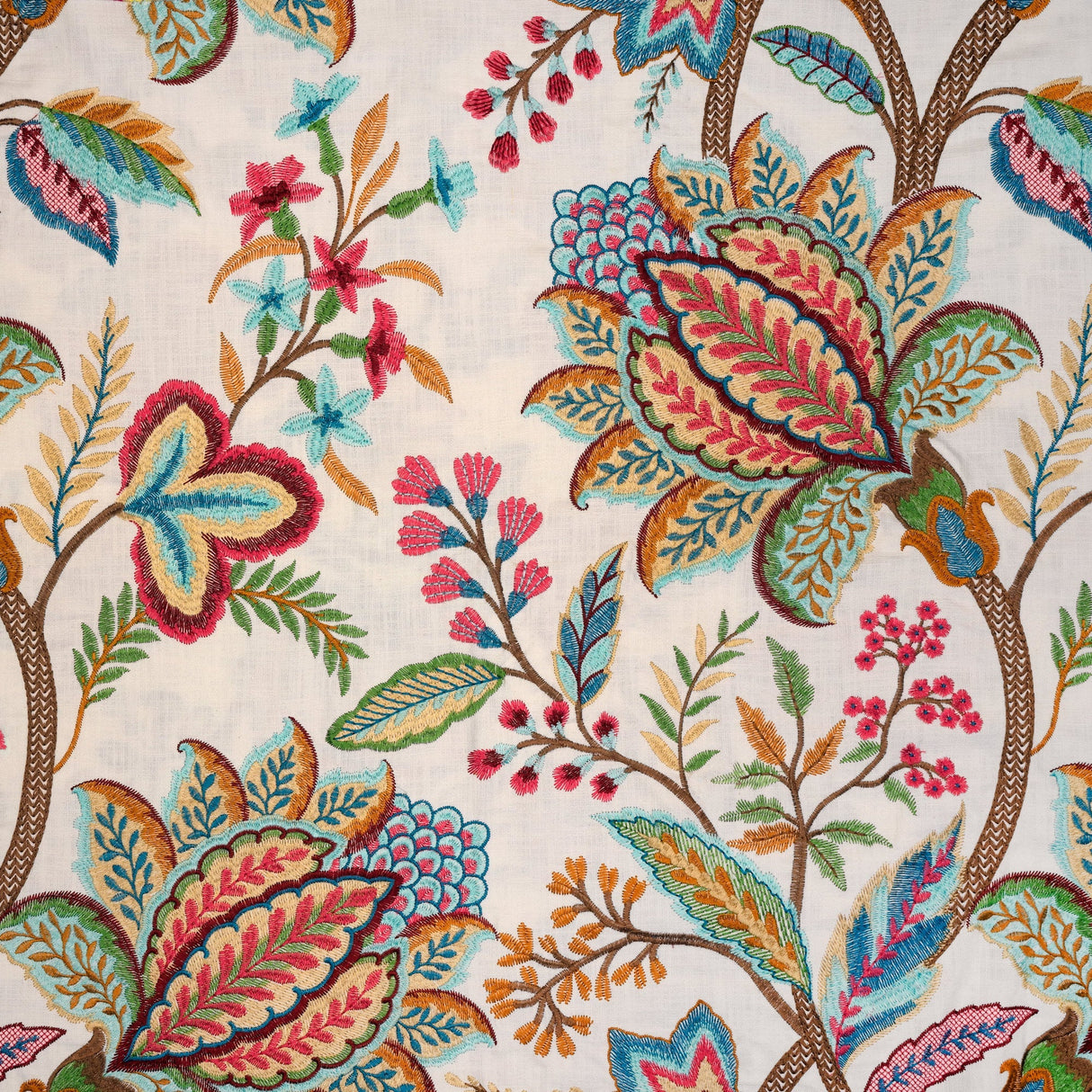 Cotton Crewel Embroidery Fabric Springtime Floral Drapery