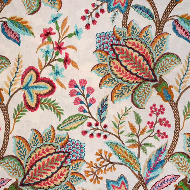 Cotton Crewel Embroidery Fabric Springtime Floral Drapery