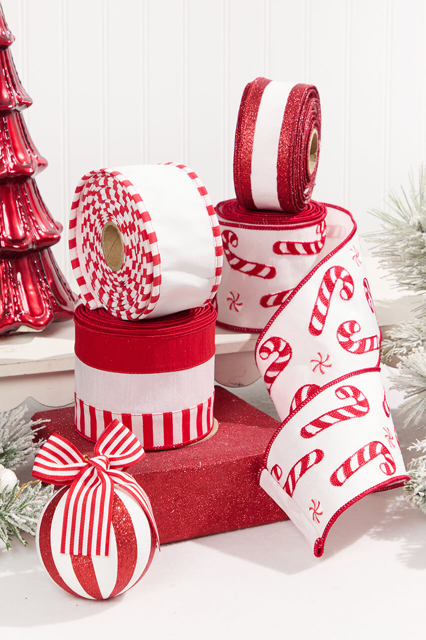 2.5" x 10 Yard White Dupioni with Red Glitter Stripe Ribbon