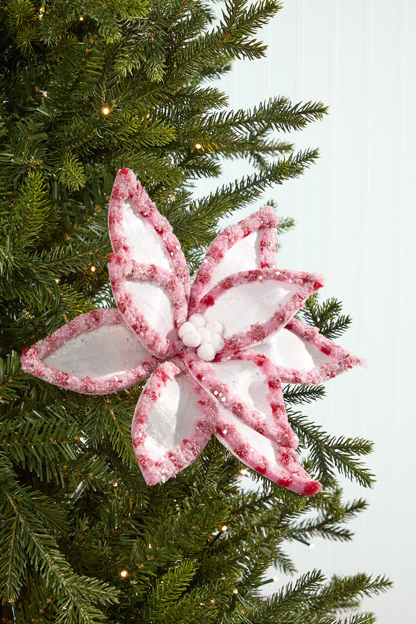 22” Pink & White Candy with Snowglitter Poinsettia Stem – Whimsical Holiday Floral Accent