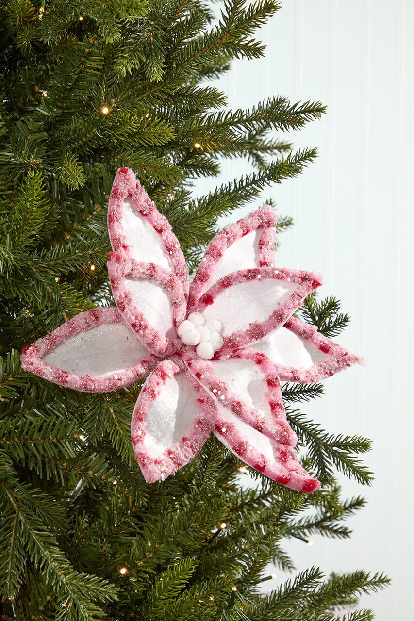 22" Pink & White Candy with Snowglitter Poinsettia Stem