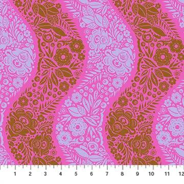 Cotton Print Fabric Perennial Borders Village Path in Raspberry 44/45"