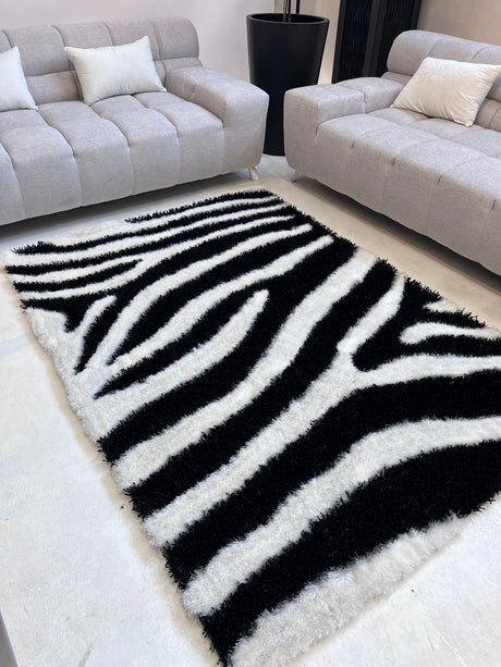 Zebra Animal Print Shag Viscose Fabric - Black And White Zebra Print, 1.5" High Pile (1 Piece)