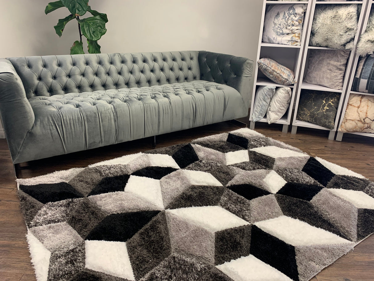 SR-729 Polyester Fabric - Silver Black White 3D Geometric Shag, 7'6" X 10'3", 5' 3" X 7' 5" (1 Rug)