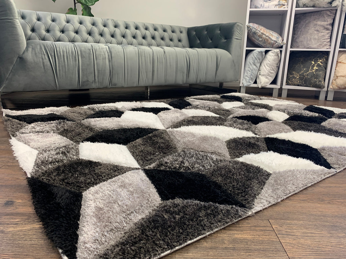 SR-729 Polyester Fabric - Silver Black White 3D Geometric Shag, 7'6" X 10'3", 5' 3" X 7' 5" (1 Rug)