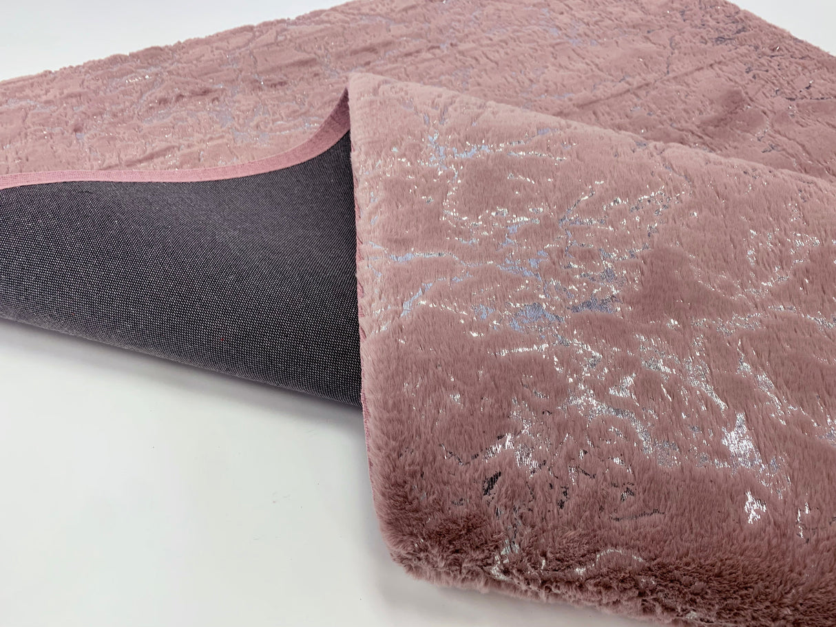 Rose Pink With Silver Metallic Shimmery Design Faux Rabbit Touch Rug - Faux Fur Rug, Rose Silver Scattered, 7'6" X 10'3" (1 Unit)