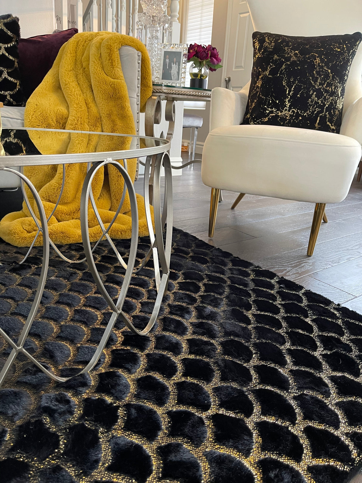 Enchanting Black Mermaid Half Moon Faux Fur Rug - Shimmery Golden Metallic, Black Moon (7'6" X 10'3")