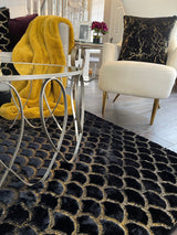 Enchanting Black Mermaid Half Moon Faux Fur Rug - Shimmery Golden Metallic, Black Moon (7'6" X 10'3")
