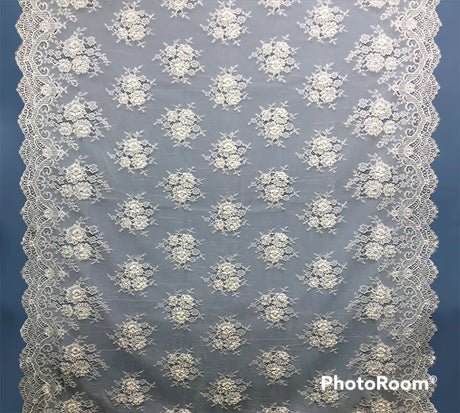 Beaded Chantilly Embroidered Lace Fabric - Eyelash Scallop, White/Off White, 58" Width (3 Yards)