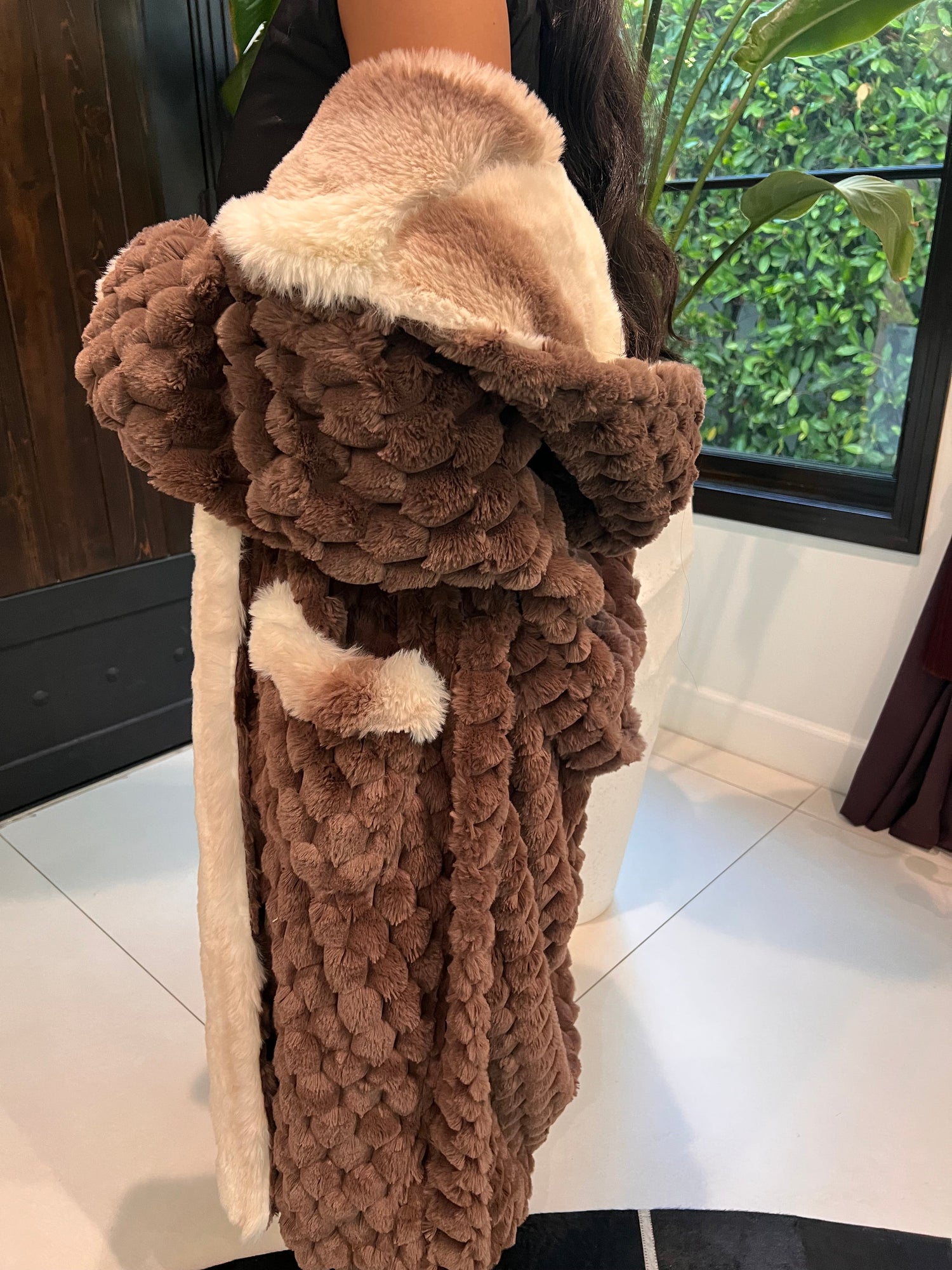 Rexa Robe 4 Faux Fur Fabric - Chocolate Brown, Tone-On-Tone Champaign Cozy Interior, Long Sleeve, Long Length (1 Robe)