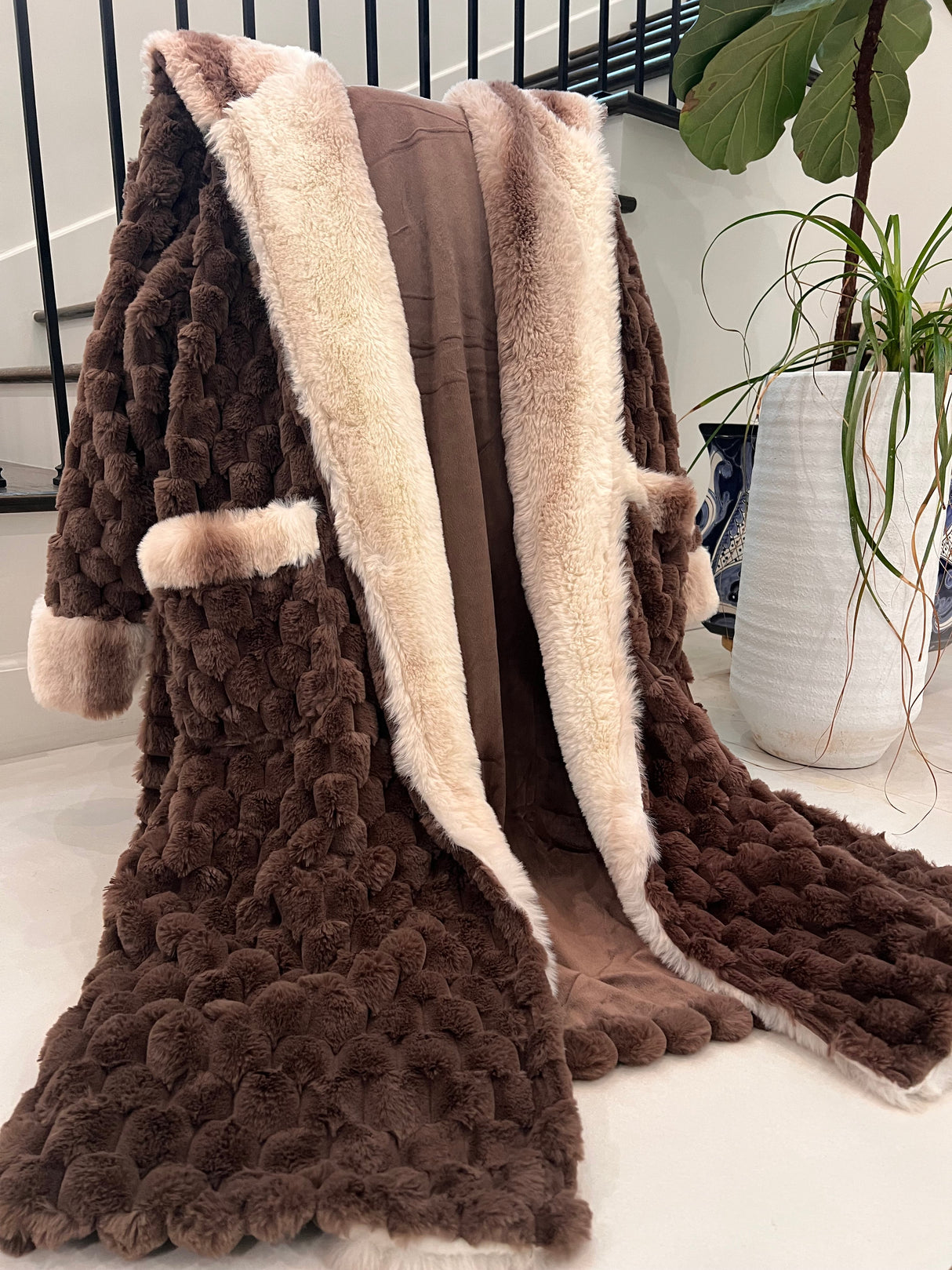 Rexa Robe 4 Faux Fur Fabric - Chocolate Brown, Tone-On-Tone Champaign Cozy Interior, Long Sleeve, Long Length (1 Robe)