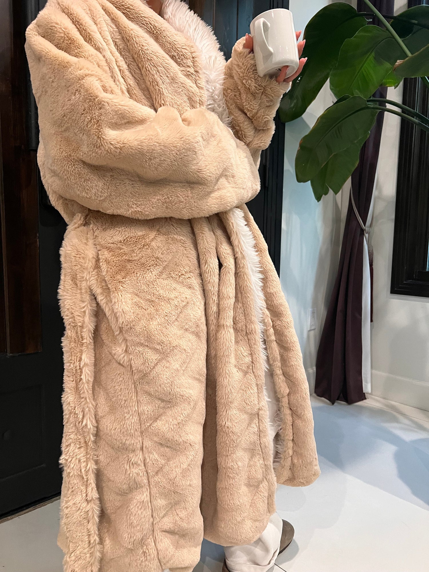 Rexa Robe 6 Polyester Fabric - Sandy Beige, Two-Tone Ivory Velvet Interior, Long Sleeve, Long Length (1 Piece)