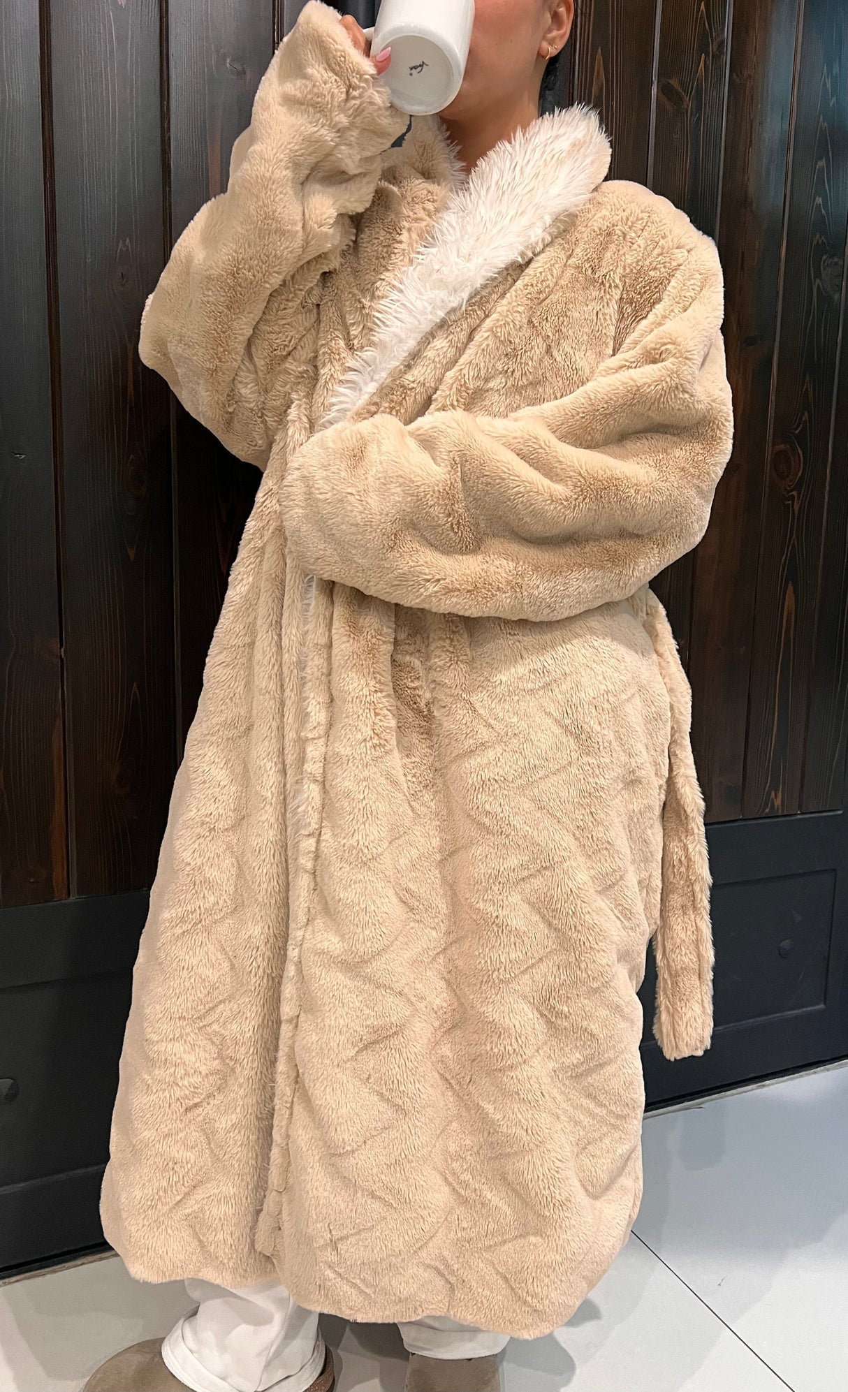 Rexa Robe 6 Polyester Fabric - Sandy Beige, Two-Tone Ivory Velvet Interior, Long Sleeve, Long Length (1 Piece)