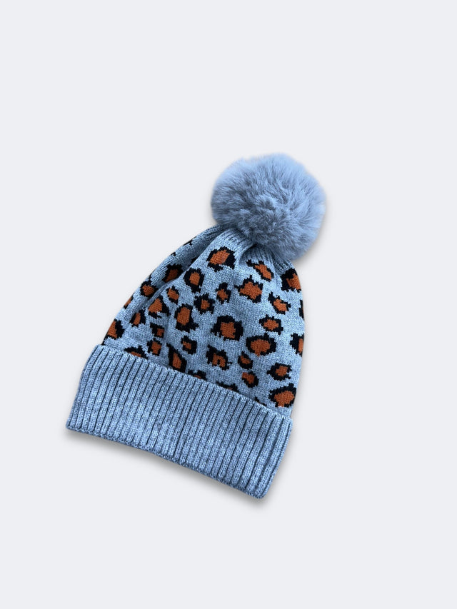 Leopard Beanies Acrylic Blend Fabric - Light Grey Leopard Design, Snap On/Off Pom, Faux Fur Pom, One Size Fits All (1 Piece)