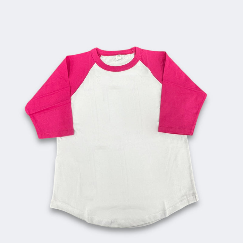 Lucky Raglan Baseball Youth 100 Percent Cotton Fabric - White/Hot Pink, Raglan Sleeves, XS (1 Piece)