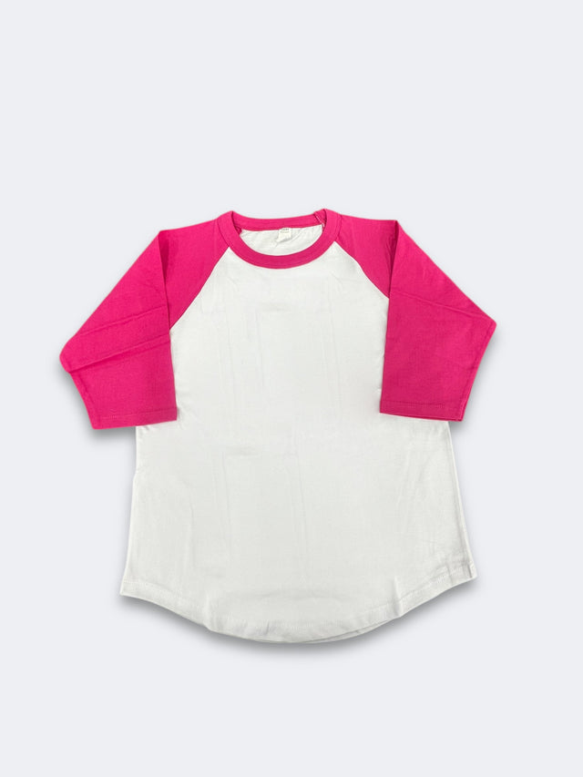 Lucky Raglan Baseball Youth 100 Percent Cotton Fabric - White/Hot Pink, Raglan Sleeves, XS (1 Piece)