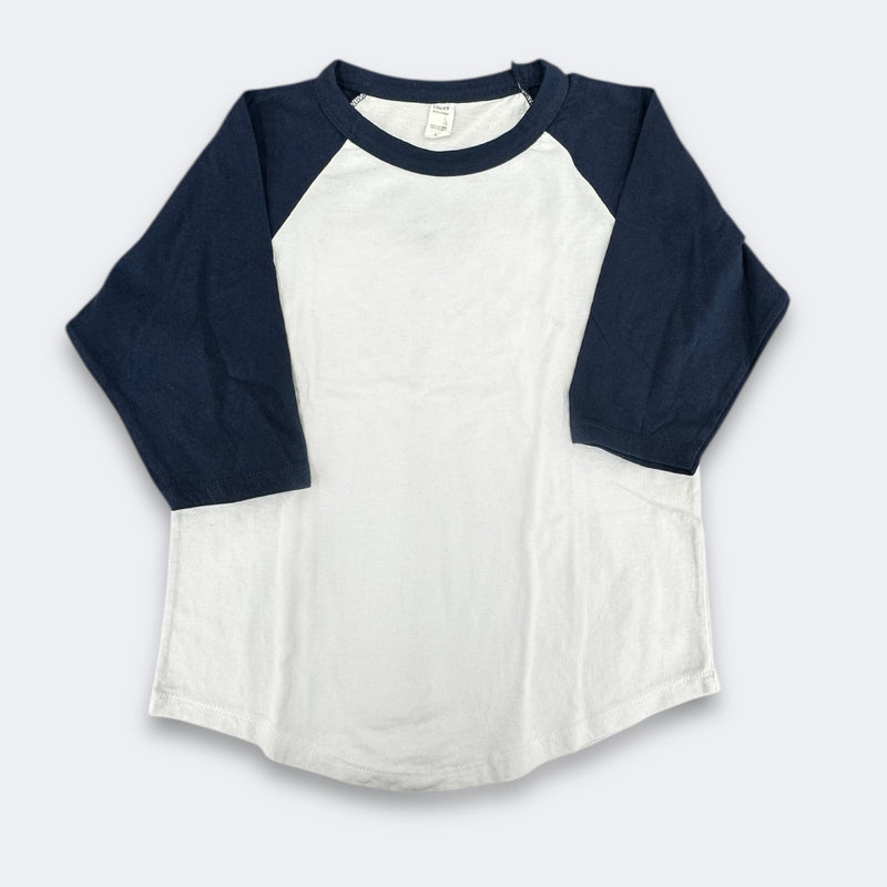Lucky Raglan Baseball Youth 100 Percent Cotton Fabric - White/Navy Raglan Sleeves, Youth Sizes XS-XL (1 Piece)
