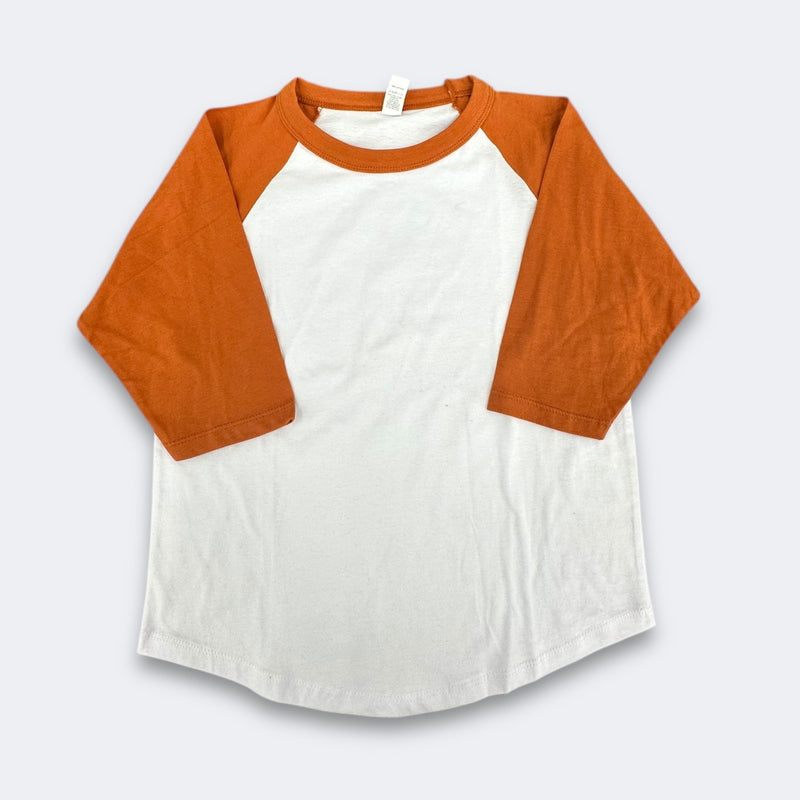 Lucky Raglan Baseball Youth 100 Percent Cotton Fabric - White/Texas Orange, Raglan Sleeve, Youth Sizes (1 Piece)