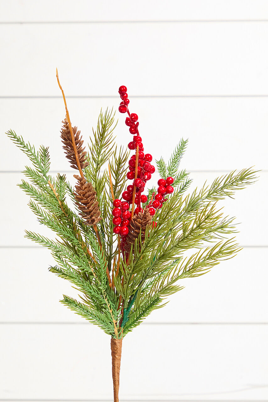 18" Red Berries Pine Spray