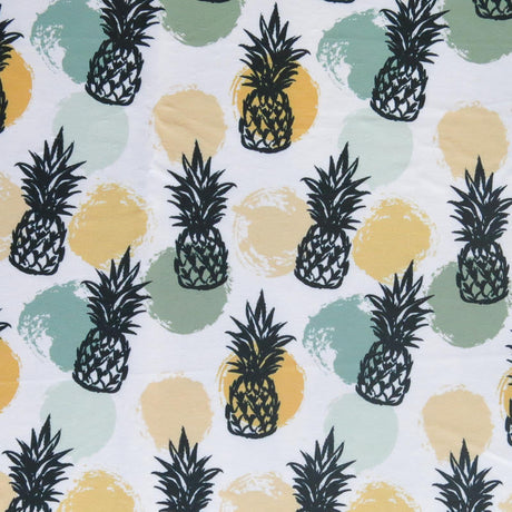 Swim Knit Pineapples and Dots on White Poly Spandex