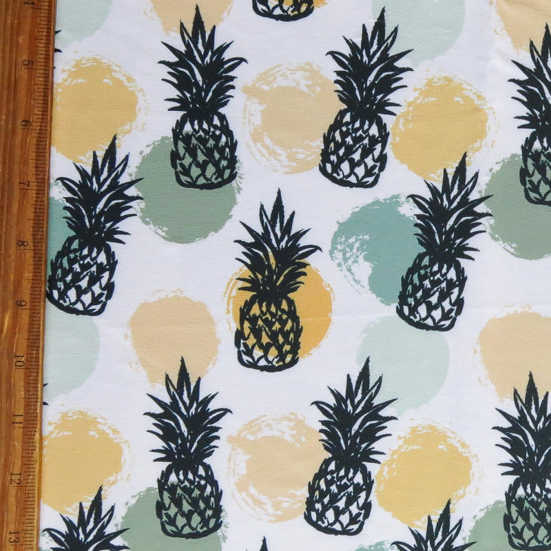 Swim Knit Pineapples and Dots on White Poly Spandex