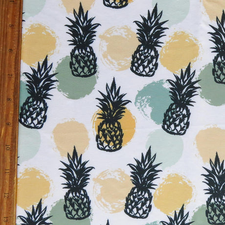Swim Knit Pineapples and Dots on White Poly Spandex