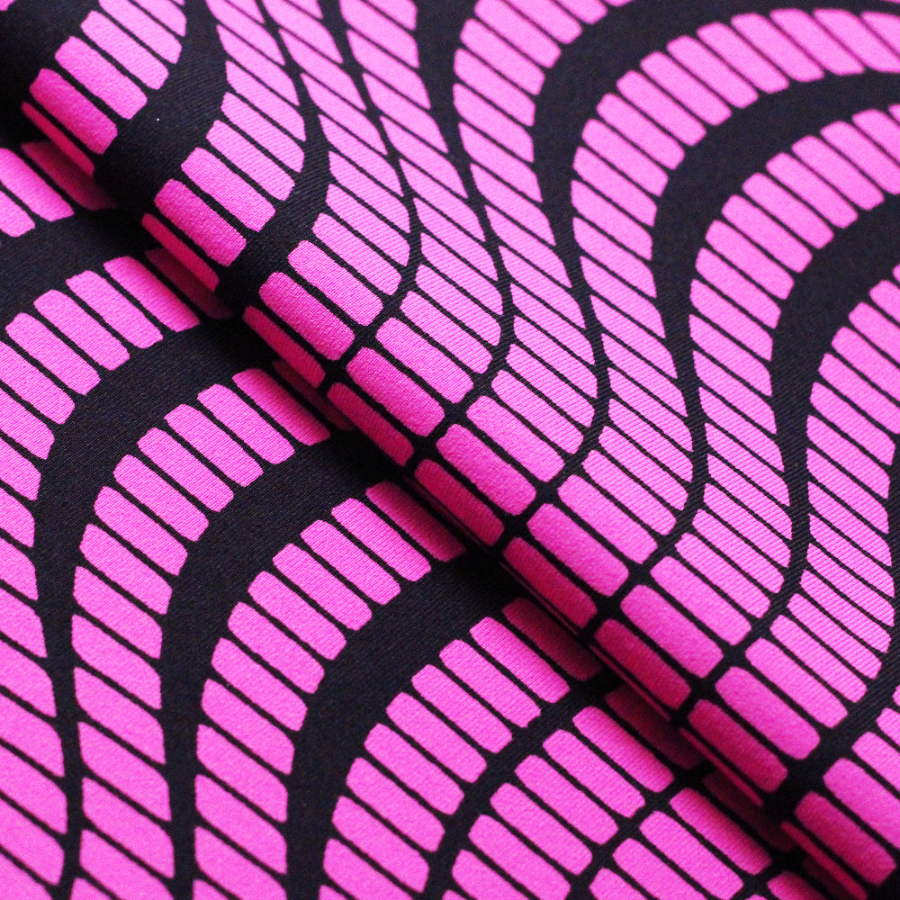 Tremor Nylon Spandex Fabric - Black With Pink, Turquoise, or Yellow Abstract Wavy Print, 58-60" Width (1 Yard)