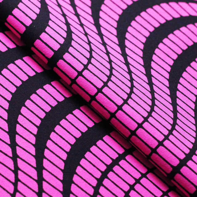 Tremor Nylon Spandex Fabric - Black With Pink, Turquoise, or Yellow Abstract Wavy Print, 58-60" Width (1 Yard)