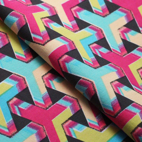 Puzzled Nylon Spandex Fabric - Blue, Pink, Yellow Geometric Pattern, 58-60" Width (1 Yard)