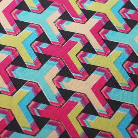 Puzzled Nylon Spandex Fabric - Blue, Pink, Yellow Geometric Pattern, 58-60" Width (1 Yard)