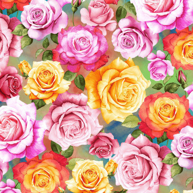 Cotton Print Pink Multi Roses Blissful Blooms 43/44" Fabric